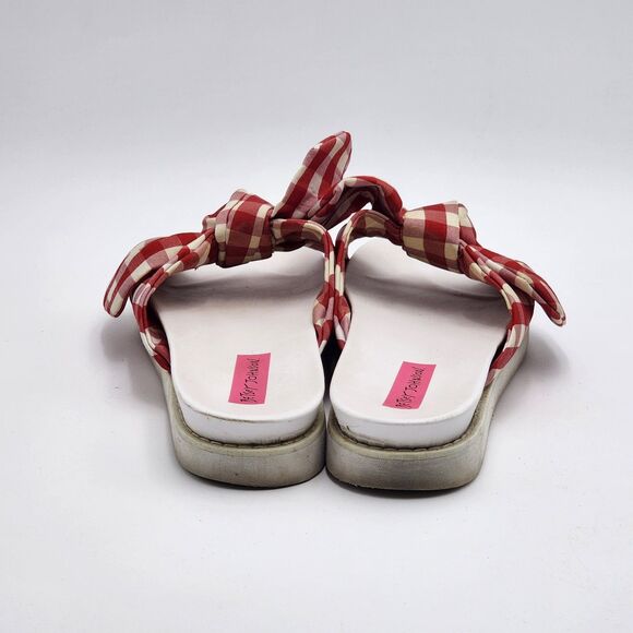 Betsey Johnson Picnic Red Gingham Bow Slide Sandals - Picture 6 of 11